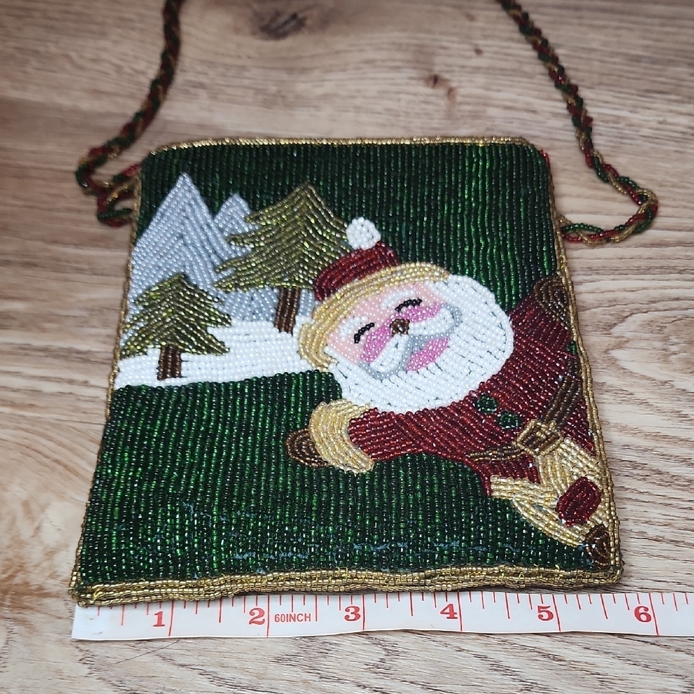 Festive Green Red Beaded Mini Crossbody Purse Bag Santa Winter Wonderland - Picture 6 of 8